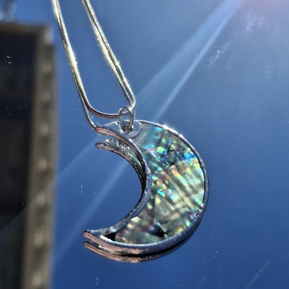 Iridescent Abalone Crescent Moon Necklace in Green-Blue Hues